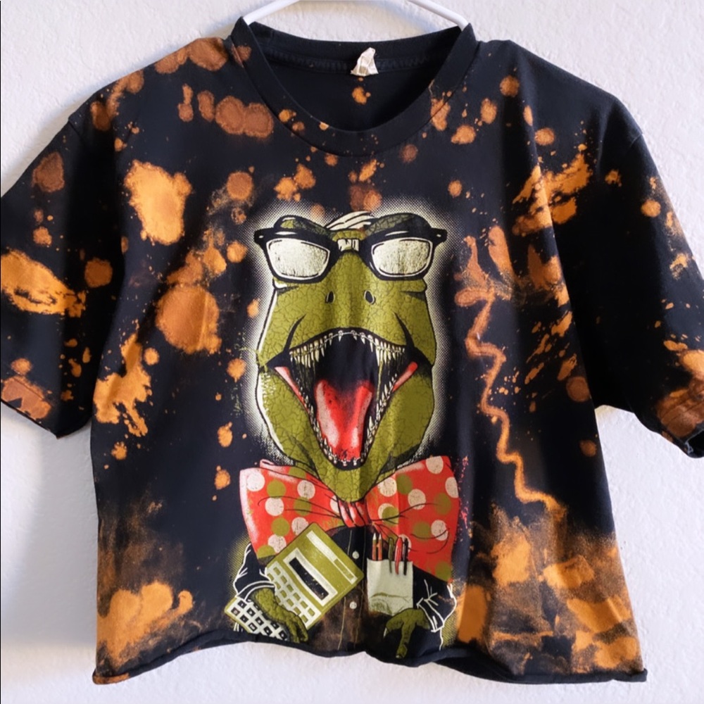 Geek Nerd T-Rex Bleached Graphic T-Shirt Cropped - image 1
